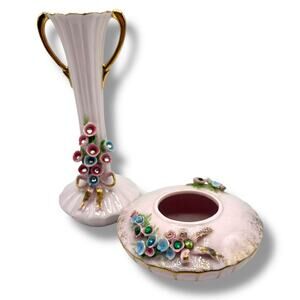 x2 vintage Lefton China floral vase and trinket dish feme lolita girlie regency